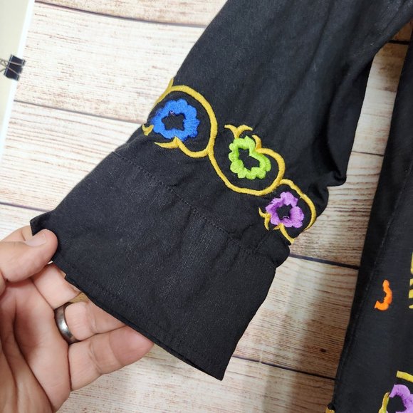 Linea by Louis Dell'Olio Embroidered Bohemian Womens Button Front Black Top L - Picture 6 of 15